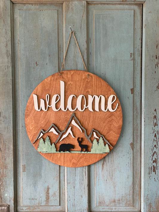 Mountain Door Hanger, Woodland, Cabin, Welcome
