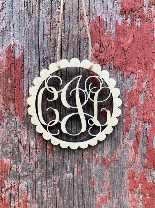 Monogram Car Charm, Scallop, Wood, Homecoming Mum, Unpainted