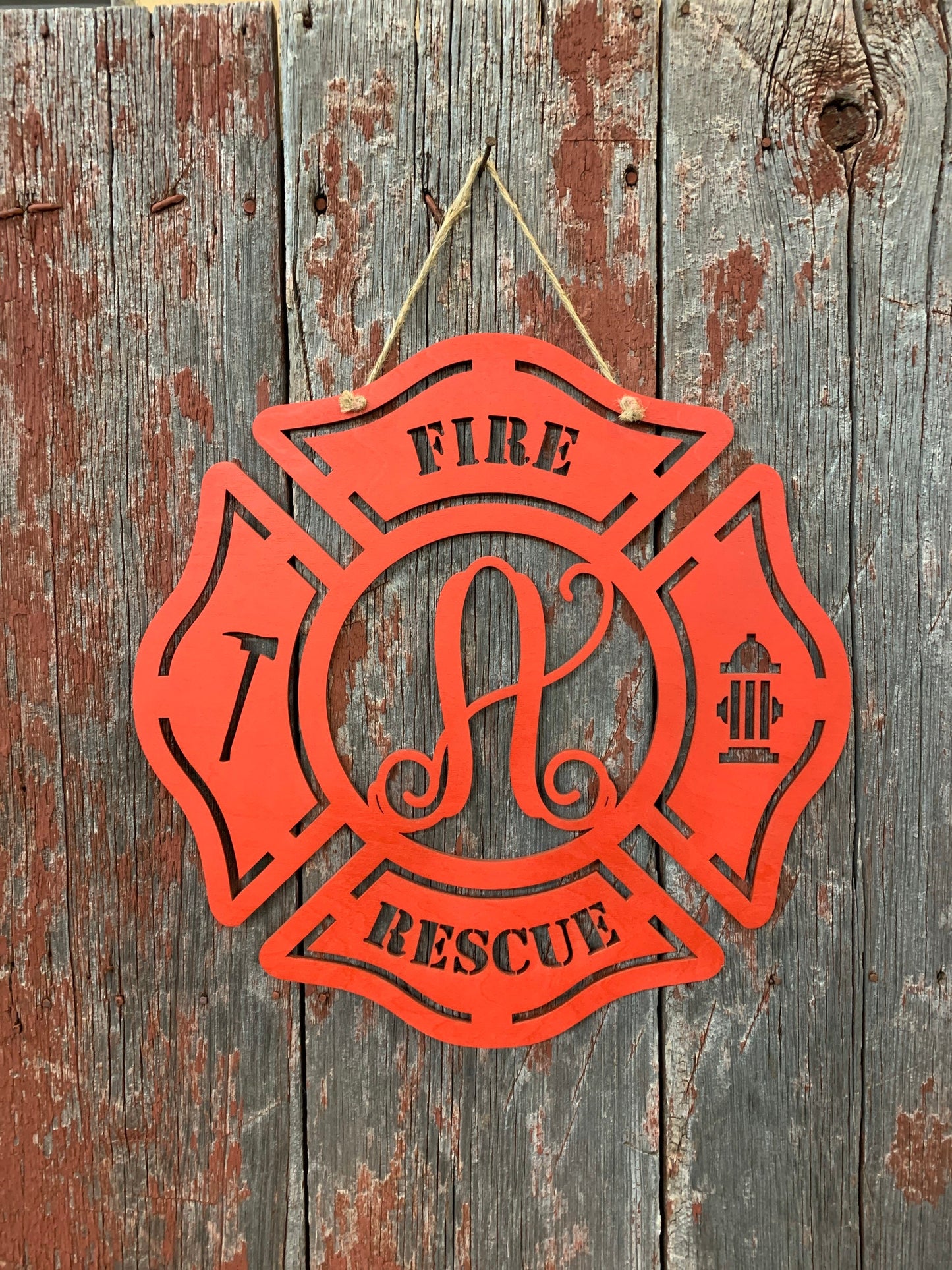 Firefighter Maltese Cross, Door Hanger, Wood, Axe, Monogram